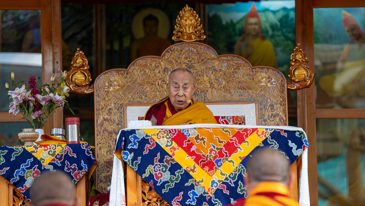 His Holiness the Dalai Lama addressing the congregation on the Day of Miracles at the Main Tibetan Temple in Dharamsala, HP, India on March 14, 2025. Photo by Tenzin Choejor