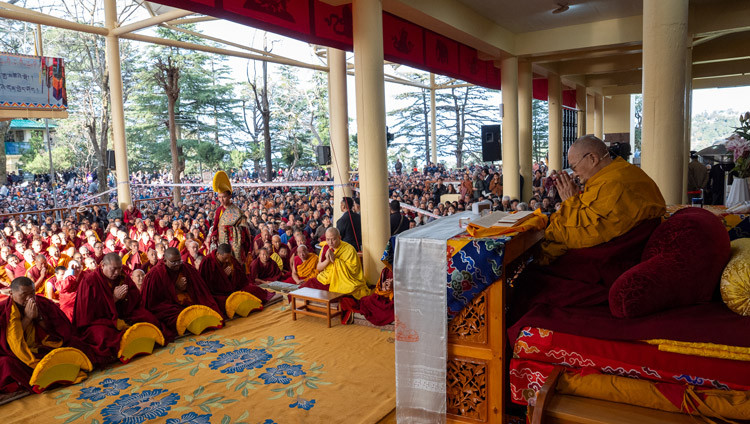 A view of some of the 6,000 members of the audience listening to His Holiness the Dalai Lama on the Day of Miracles at the Main Tibetan Temple in Dharamsala, HP, India on March 14, 2025. Photo by Tenzin Choejor