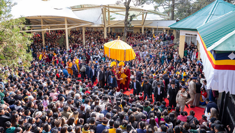 His Holiness the Dalai Lama making his way back to his residence at the conclusion of celebrations on the Day of Miracles at the Main Tibetan Temple in Dharamsala, HP, India on March 14, 2025. Photo by Tenzin Choejor